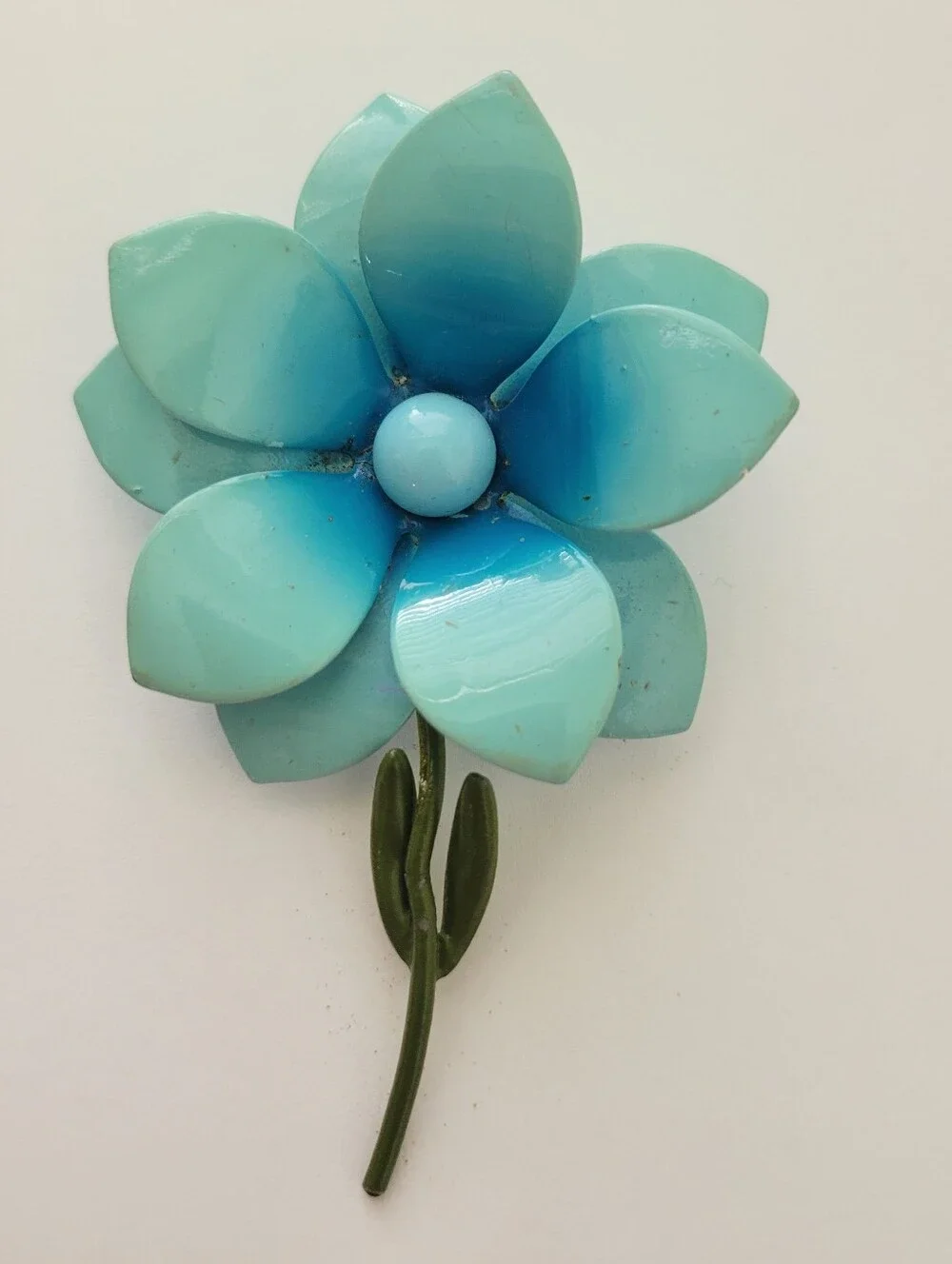 Vintage Enamel Blue Flower Statement Brooch Pin Mod Pop Art 3.8